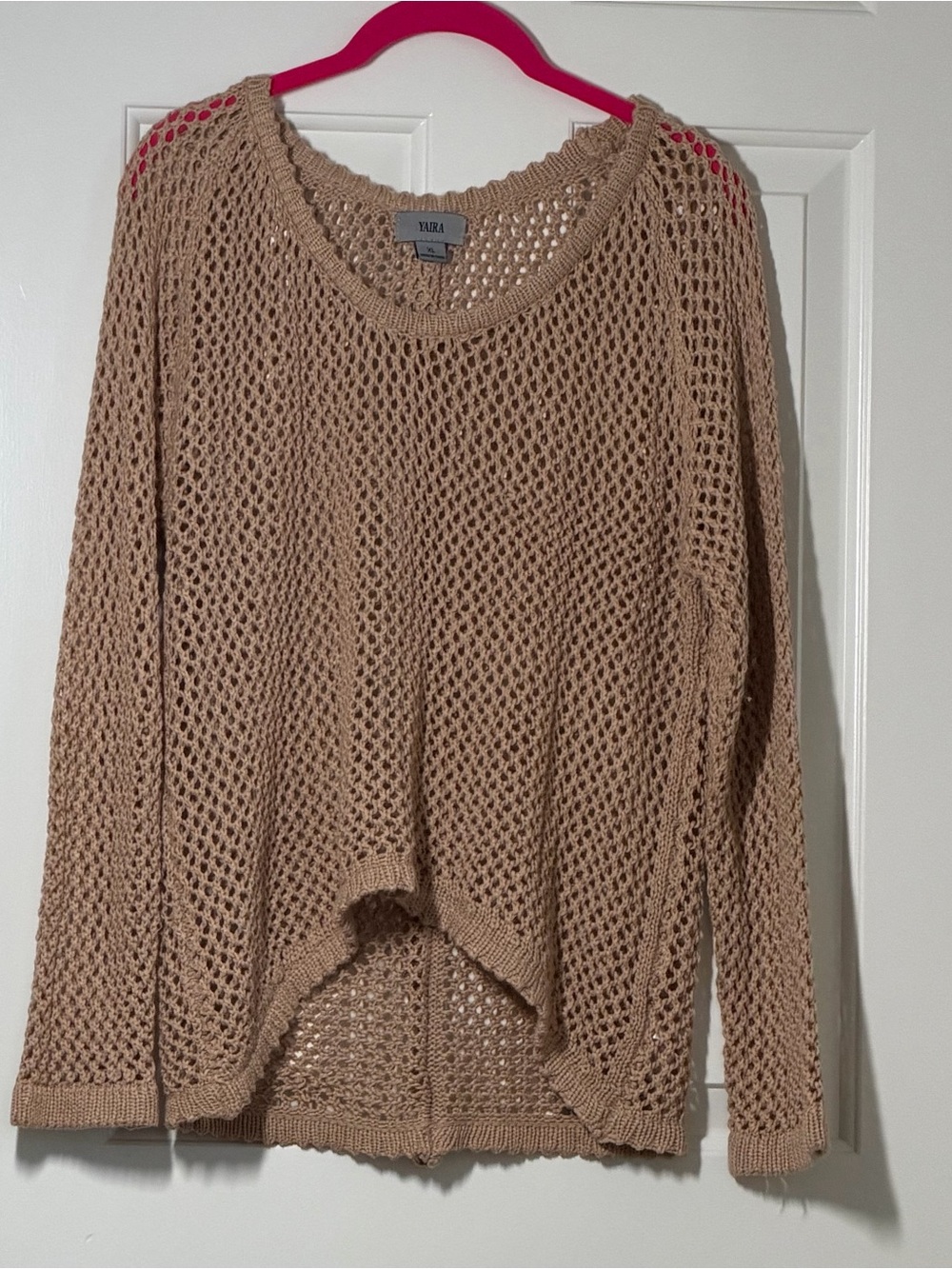 Open-Knit Crewneck Sweater in Camel